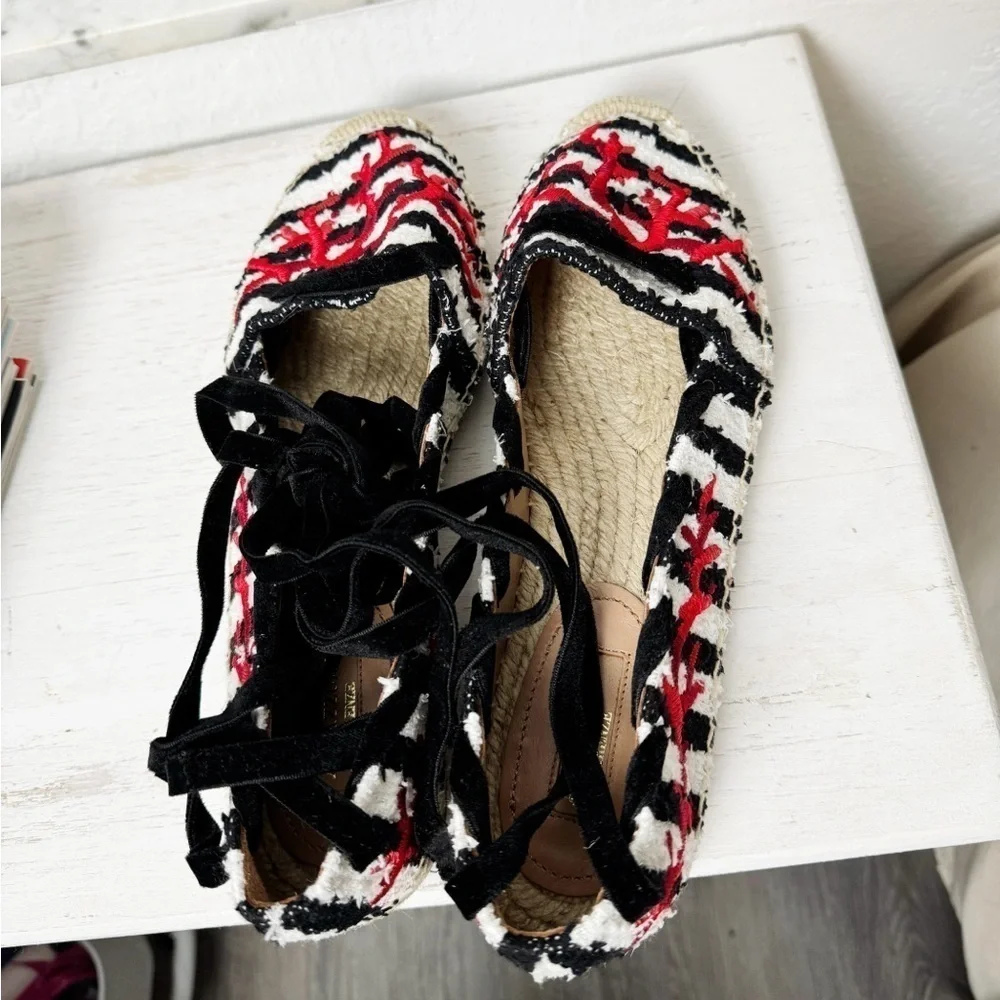 Aquazzura Coraline lace-up embroidered striped tweed espadrilles